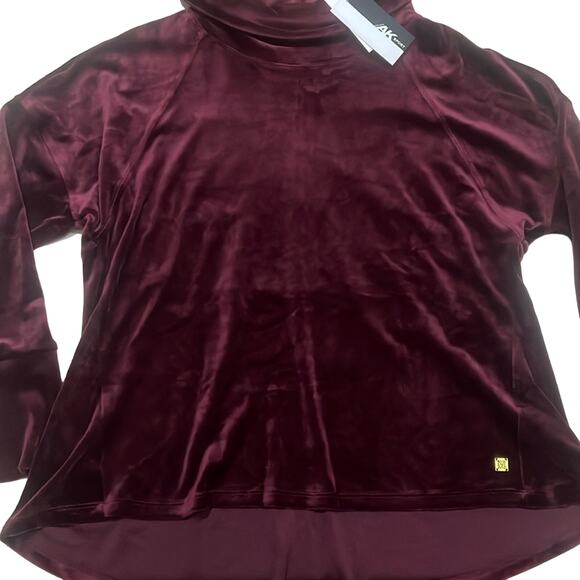 Anne Klein Velour Shirt Cowl Turtleneck Burgundy Wine Womens Medium Hi Low Waist - Picture 1 of 9